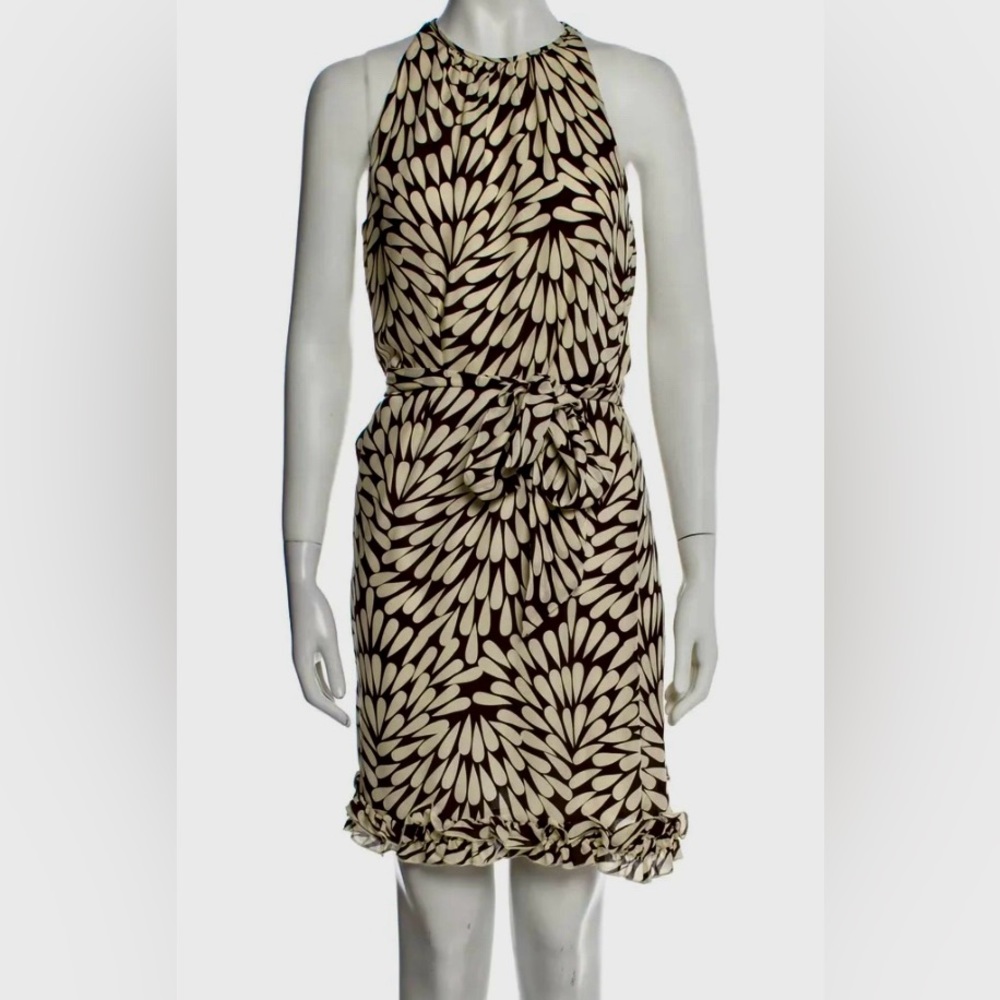 Tory Burch ivory brown sun dress sz 6 sleeveless silk short dress
